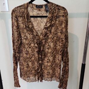 Brown Tan Ruffled Long Sleeve Blouse